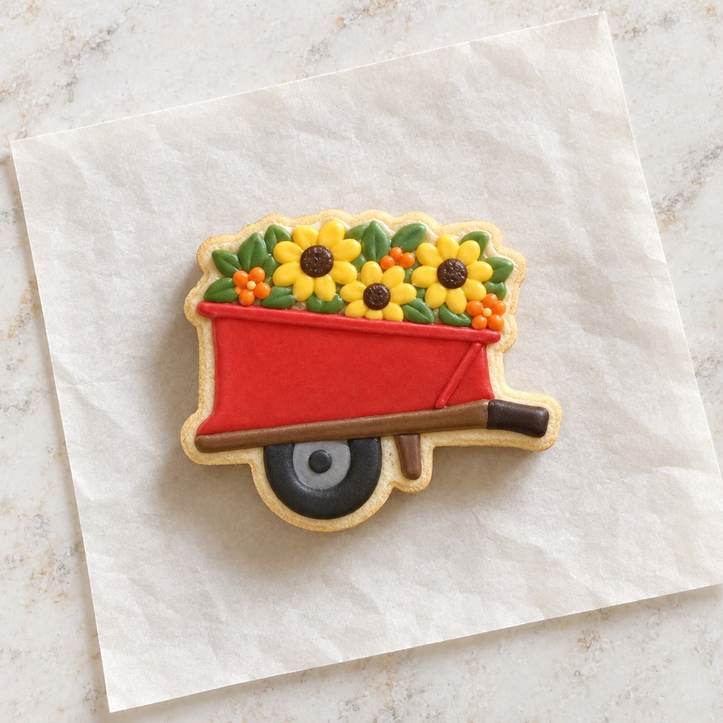 Wheelbarrow Cookie Cutter (decorated cookie mockup)