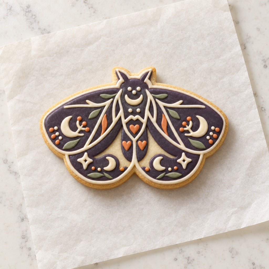 Witchy Boho Moth Cookie Cutter (decorated cookie mockup)