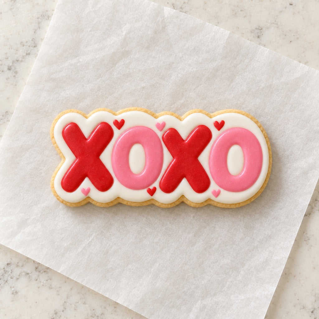 XOXO Outline Cookie Cutter (decorated cookie mockup)